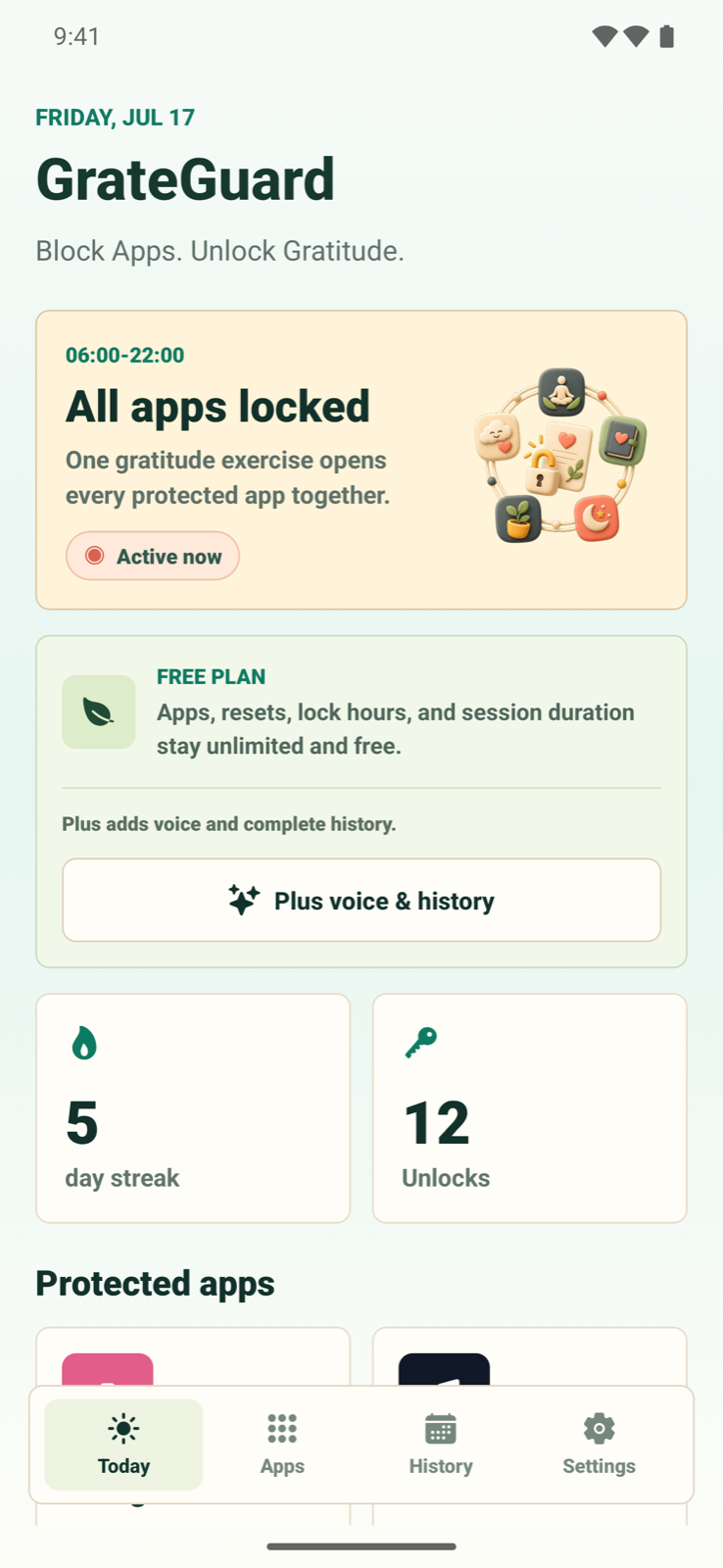 GrateGuard Android dashboard showing a list of protected apps