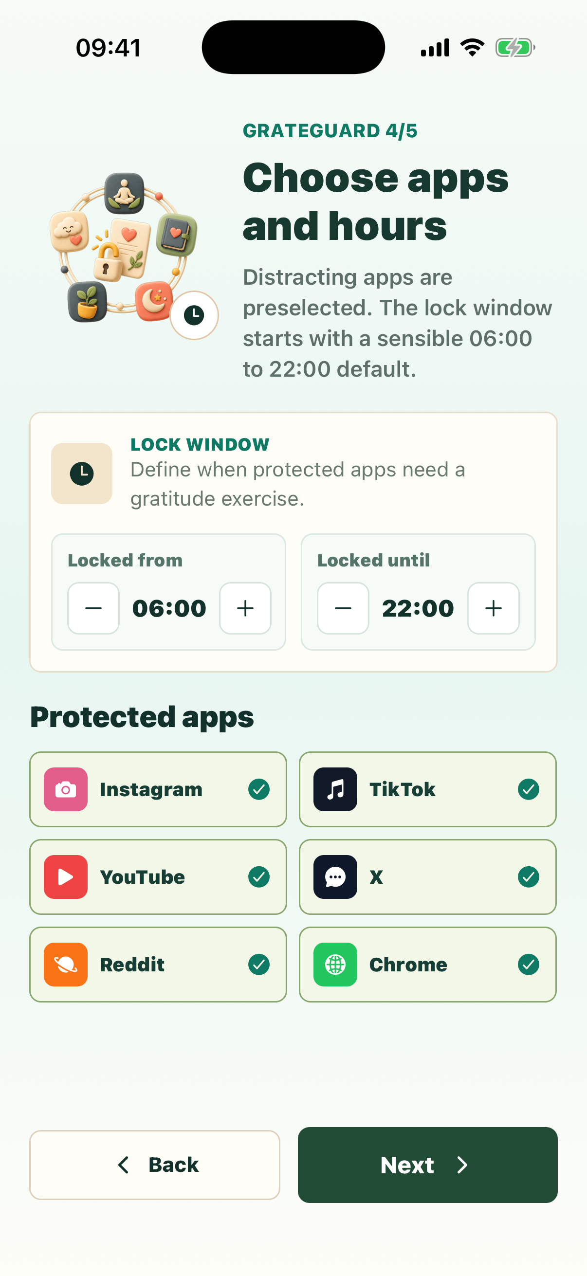 GrateGuard app showing the gratitude ritual used before protected apps open