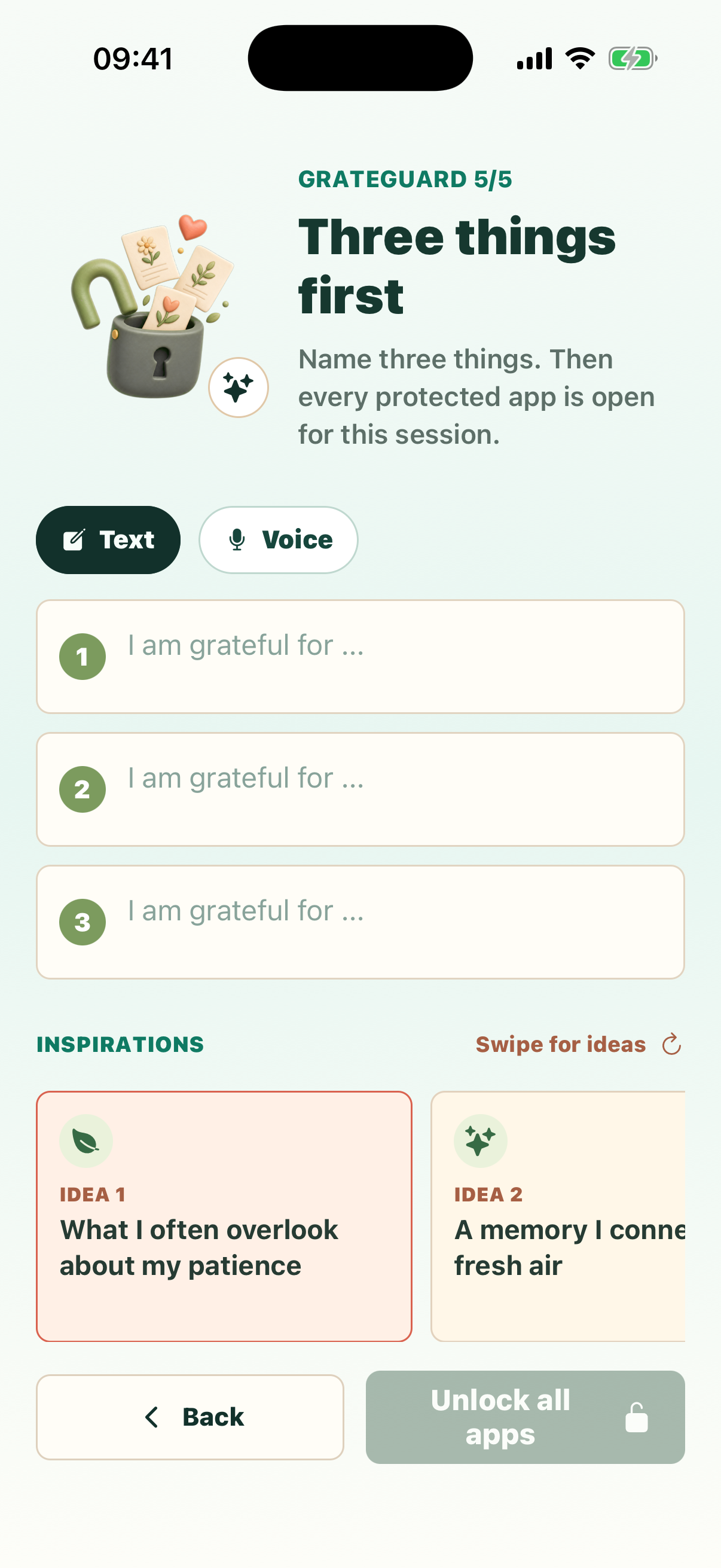 GrateGuard asking for three gratitude entries before protected apps unlock