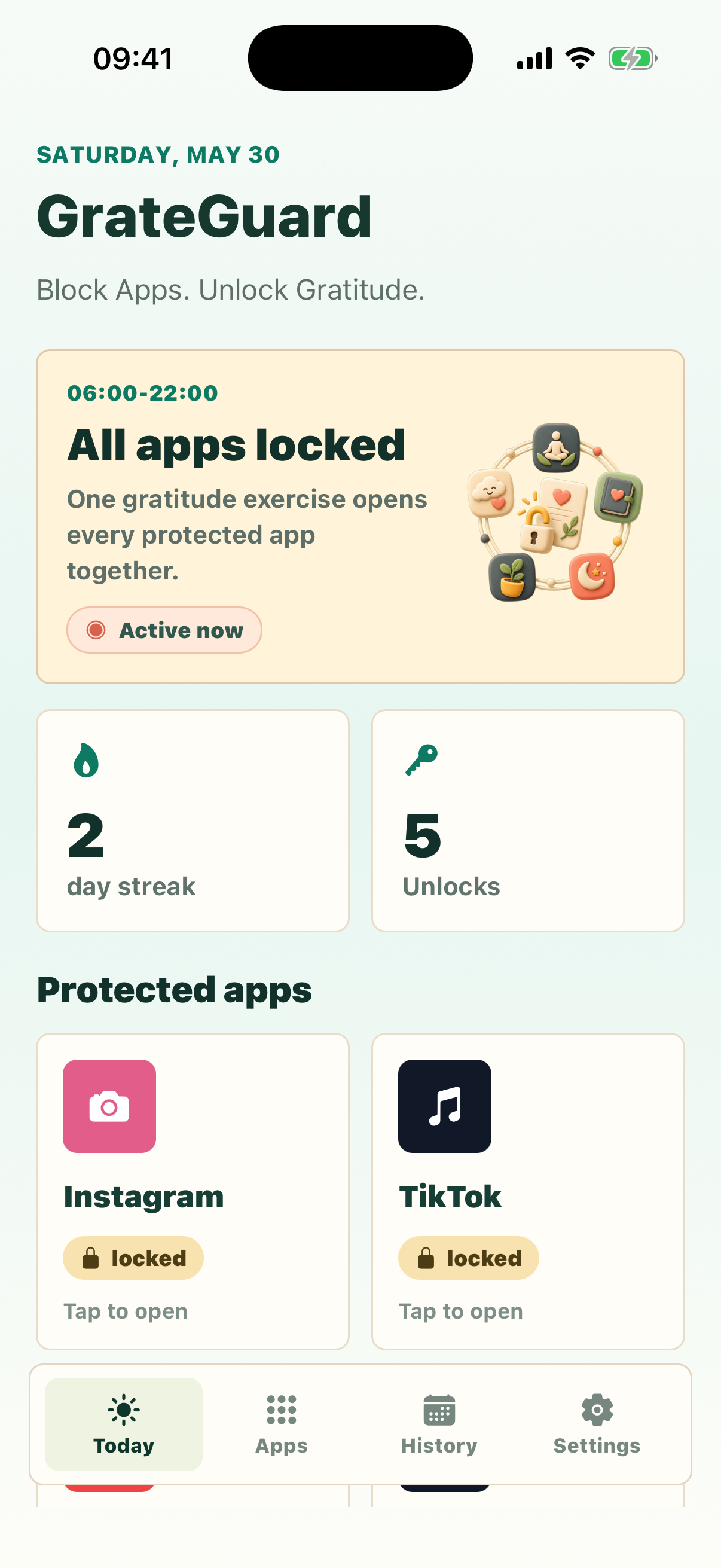 GrateGuard dashboard showing all apps locked