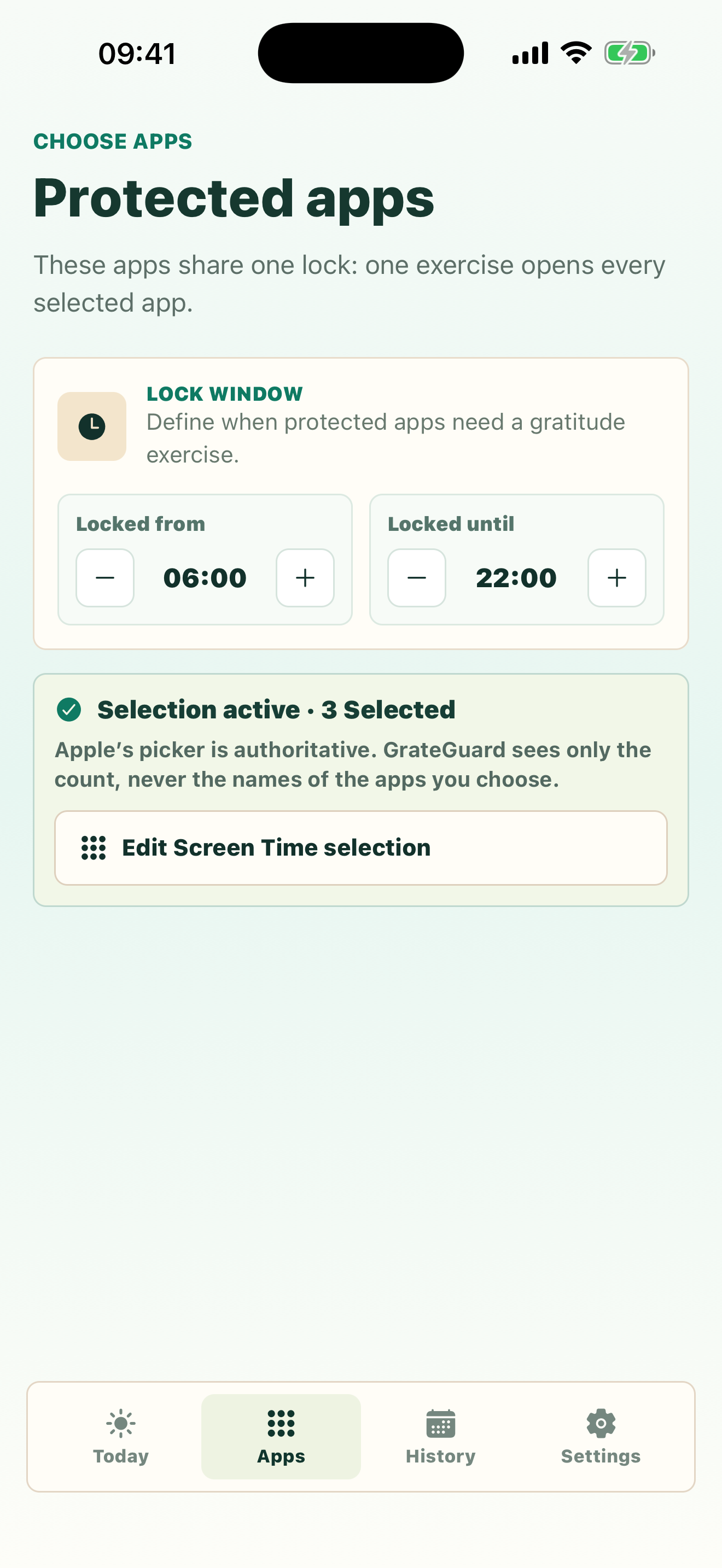 GrateGuard progress screen for gratitude and app unlocks